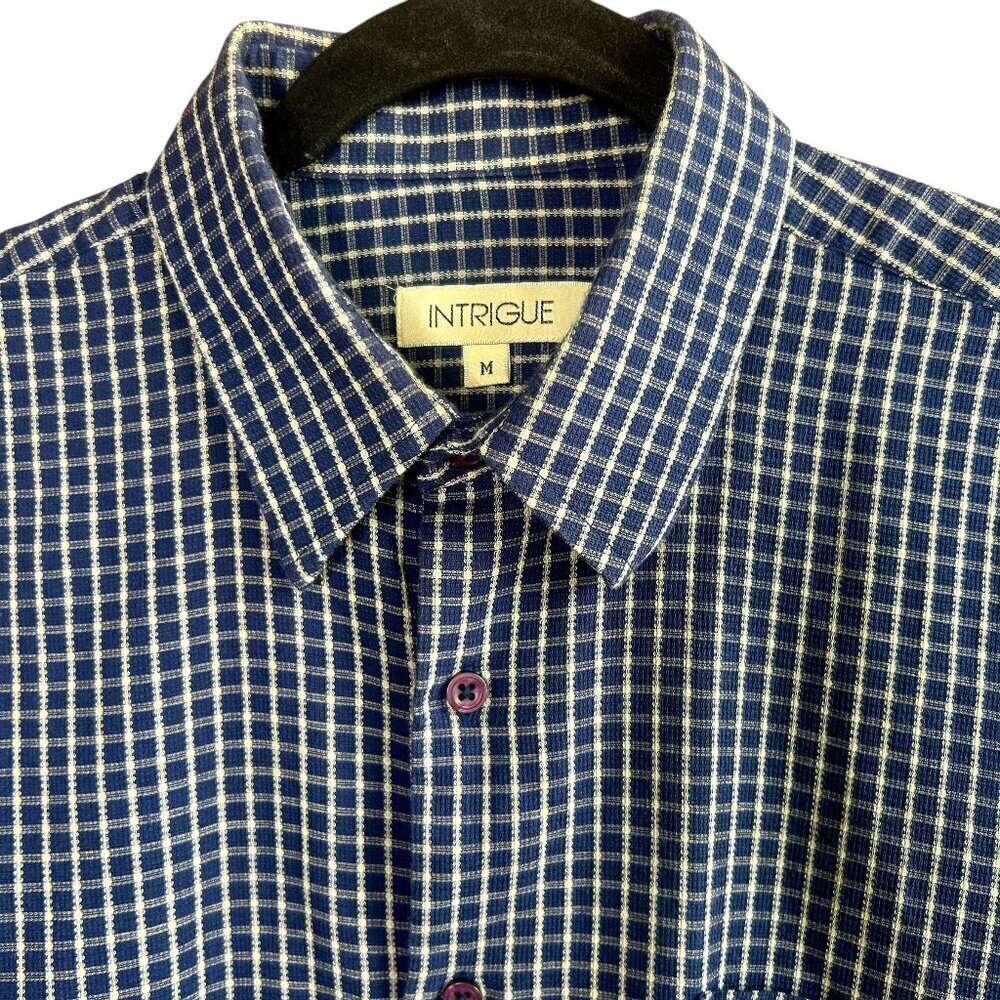 Men's Vintage Intrigue Blue Plaid Check Long Sleeve Shirt Size Medium